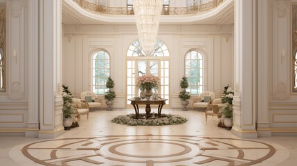 Lavish neoclassical residential oval entrance hall with inlaid herringbone parquet floors fluted pilasters crystal chandeliers and ionic columns. - obrazy, fototapety, plakaty