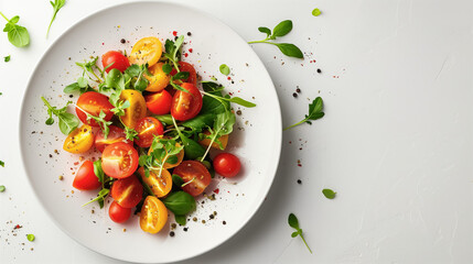 Light vegetarian salad with colorful cherry tomatoes, greens and herbs, on a ceramic plate. Healthy vegetables from summer garden. White background with copy space, top view.