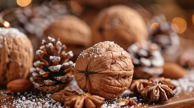 Close-up of walnuts, almonds, star anise, and pine cones dusted with snow, evoking a cozy, festive winter atmosphere.