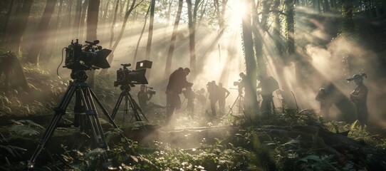Cinematic scene of film crew working in misty forest with sunlight piercing through canopy - obrazy, fototapety, plakaty