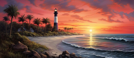 A picturesque scene of a lighthouse standing tall on the beach at sunset, with the sky painted in hues of dusk and the afterglow reflecting on the water - obrazy, fototapety, plakaty