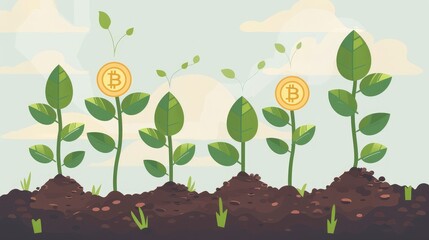 Bitcoin growth golden coins chart crypto market investment green leaves