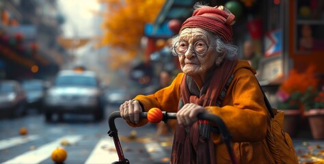 Elderly Woman Using Zimmer Frame at Pedestrian Crossing - obrazy, fototapety, plakaty