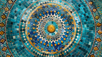 Turquoise mosaic oriental background with arabic patterns, ideal for cultural events and traditional decorations.