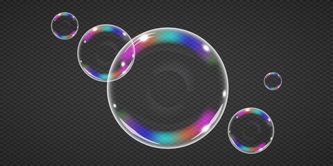  Soap bubbles highlighted on a transparent background. Rainbow shiny soap bubbles, Vector illustration. - obrazy, fototapety, plakaty