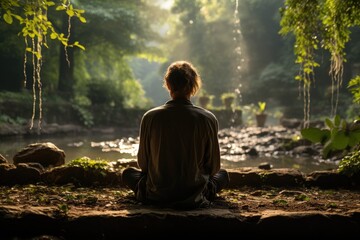 Young girl meditates under tree in the quiet park., generative IA