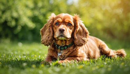 Cute dog lying on a green grass field nature