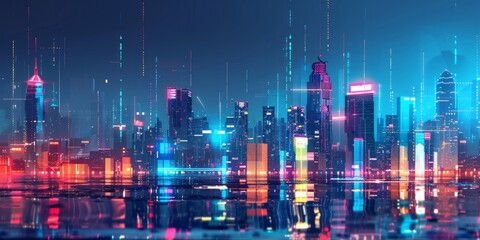 Futuristic city skyline with dynamic data fluctuations, representing economic vitality