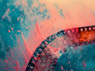 Enter the realm of cinematic nostalgia with a closeup encounter of a retro film roll, its pastel tones casting a spell of oldworld charm and cinematic allure - obrazy, fototapety, plakaty
