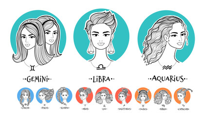 Horoscope zodiac signs girls. Vector illustrations collections..of beautiful women portraits.