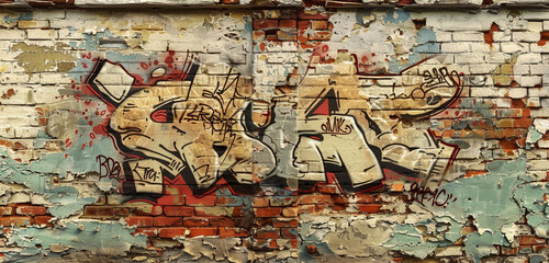 Faded graffiti on a weathered brick wall, space for your design.