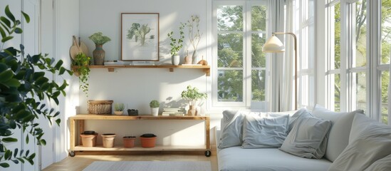 Modern apartment with a well-lit living room and a cozy sofa next to a large window. A wooden shelf displays pots and home decor, along with a picture on the white wall.