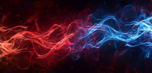 Fiery red and electric blue streaks intertwining in a dynamic dance against a dark backdrop. Copy...