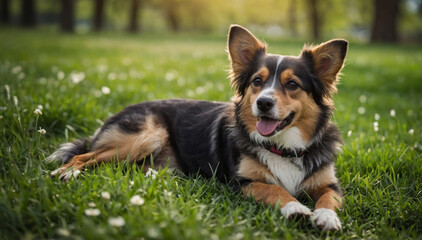 Naklejka na ściany i meble Cute dog lying on a green grass field nature
