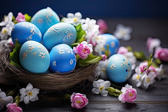 Happy Easter. Congratulatory easter background. Easter eggs and flowers - generative ai