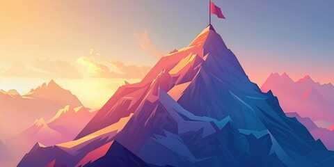 Vibrant mountain peak with flag, symbolizing digital summit achievement - obrazy, fototapety, plakaty