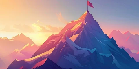 Fotobehang Vibrant mountain peak with flag, symbolizing digital summit achievement © ParinApril