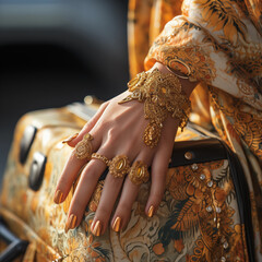 highly detailed woman's hand with golden rings and bracelet is lying on the intricate handbag - obrazy, fototapety, plakaty