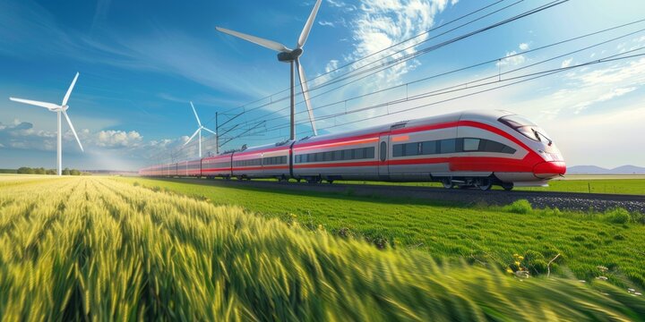 Sustainable Transport and Renewable Power  High Speed Train Passing Through Green Fields and Wind Turbines