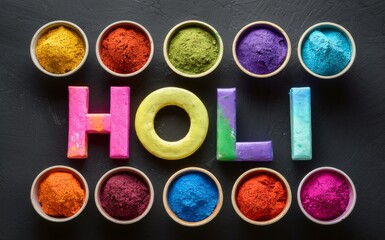 Obraz na płótnie Canvas Colorful holi powder in bowls and text Happy Holi on dark background