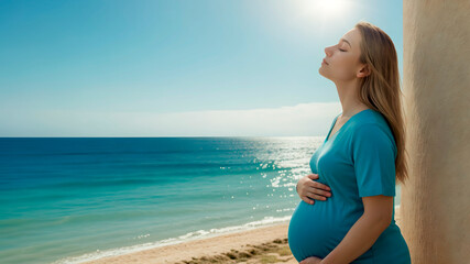 Pregnant woman breathing fresh air thinking about a bright future touches the belly of her future baby worrying about the health. Pregnant woman with relaxed mood breathing deeply - obrazy, fototapety, plakaty