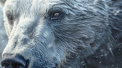 polar bear closeup in snowy arctic tundra landscape with ice and snow covered ground and freezing environment