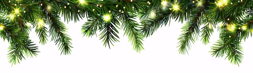 christmas tree branches with garland of lights on white background
