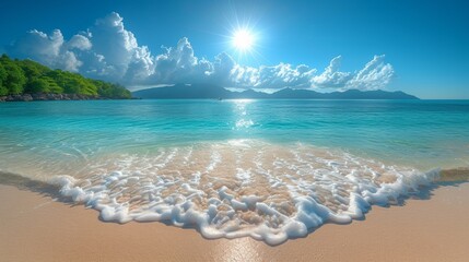 Tropical Island Beach Scene: Bright Sand, Sunlight, Turquoise Waters - obrazy, fototapety, plakaty