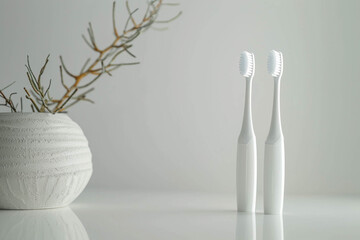 Photo of two toothbrushes in a minimalist style. The brushes are placed parallel to each other in good bright lighting. The background is presented in neutral colors, which emphasizes the simplicity 