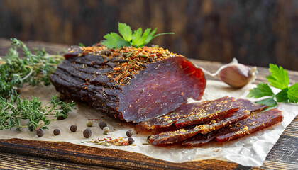 Close-up of smoked beef jerky with herbs. Tasty food. Delicious snack.