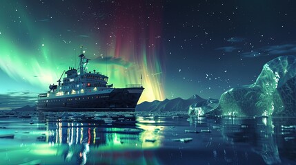 Icebreaker in the North Sea, among ice floes. Northern Lights-aurora borealis. Icebreaker clears path amidst ice floes, ensuring safe navigation.