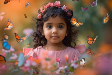 Pink-clad toddler among butterflies in park