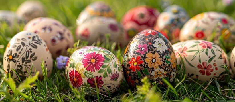 Easter eggs adorned with floral designs in the lawn.
