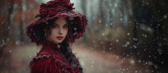woman in a red dress and hat standing outside in the autumn rain. 
