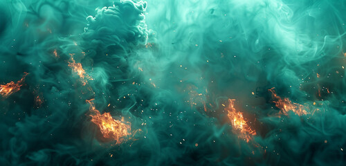 Fototapeta na wymiar Glowing embers floating through a sea of vibrant turquoise smoke, illuminating the mysterious depths. Copy space on blank labels.