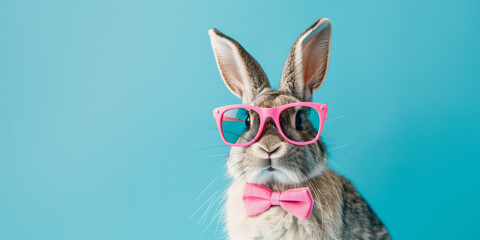 Funny easter concept holiday animal celebration greeting card - Cool easter bunny, rabbit with pink sunglasses and bow tie, isolated on blue background