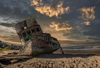 Point Reyes ship wreak boat at sunset.