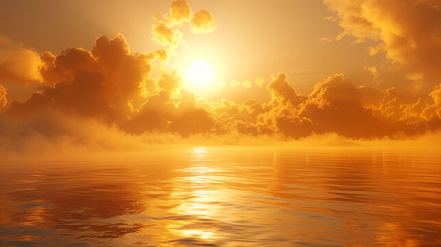 Sunset over calm ocean with golden sky and clouds reflected in water.