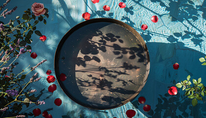 Metal circle with background, flowers, with space for text, generative ai. 