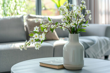 Modern interior, wooden round table with books and a vase on it in the foreground, gray sofa against a window with spring flowers, blurred background of a modern living room, home decor concept.