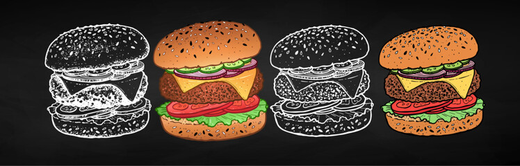 Chalk drawing of burger sandwich fast food meal with cutlet and cheese. Vector illustration collection on chalkboard background.
