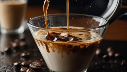 The process of pouring coffee into a glass. Coffee mixing with milk in glass - obrazy, fototapety, plakaty