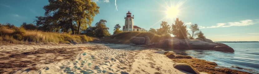 Sandy beach with lighthouse, trees, and sun - obrazy, fototapety, plakaty