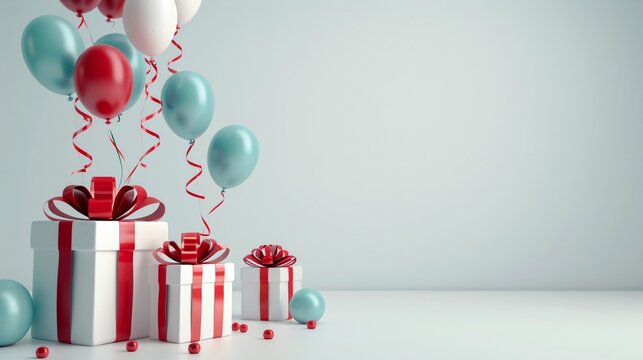 minimalist birthday background with gifts and balloons