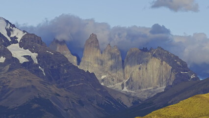 Sunrise Over Torres Del Paine with Glowing Clouds and Peaks