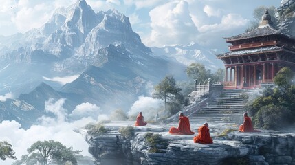 Monks in orange robes engage in peaceful meditation at sunrise, with the backdrop of a traditional mountain temple and misty, rolling hills. Resplendent. - obrazy, fototapety, plakaty