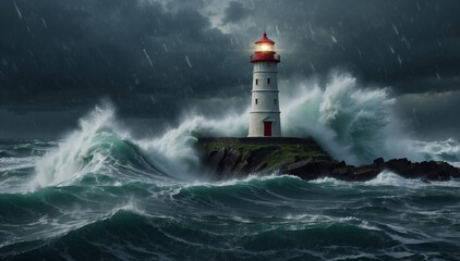 Lighthouse in storm with big waves  - obrazy, fototapety, plakaty