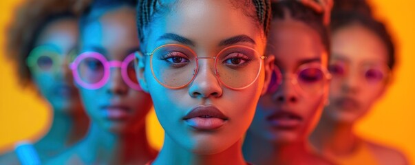 Portraits of group of people different nationalities on multicolored background in neon light. Photo of models - obrazy, fototapety, plakaty