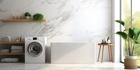 Modern design of a bright bathroom: bathtub, washing machine, wooden shelves with towels, candles, indoor flower
