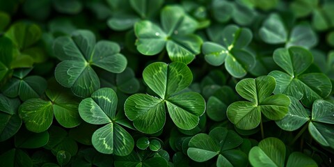 Closeup of green clover leaves symbolizing luck and St Patricks Day. Concept St Patricks Day, Clover Leaves, Closeup Photography, Good Luck Charms, Irish Traditions - obrazy, fototapety, plakaty